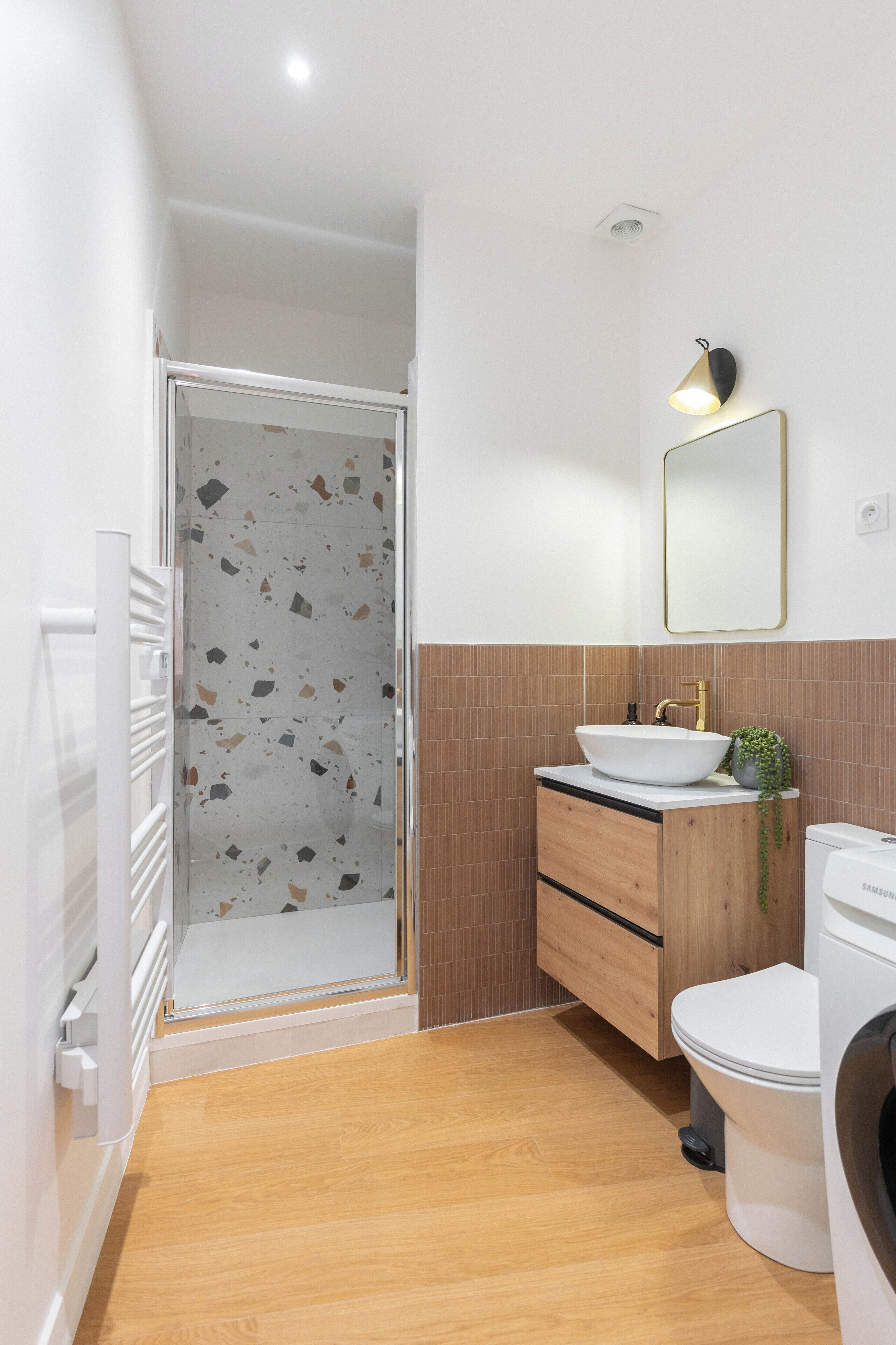 Shower, hair dryer, soap, toilet paper