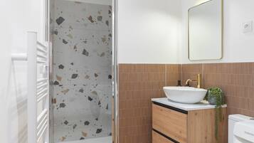 Shower, hair dryer, soap, toilet paper