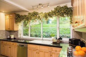 Eine Küche mit Holzausstattung, einer schwarzen Arbeitsplatte, einem Spülbecken und einem Fenster mit Blick ins Grüne.