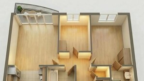 A modern apartment layout with a kitchen, two bathrooms, a living area, and a balcony. - Berberis House (Feltham)