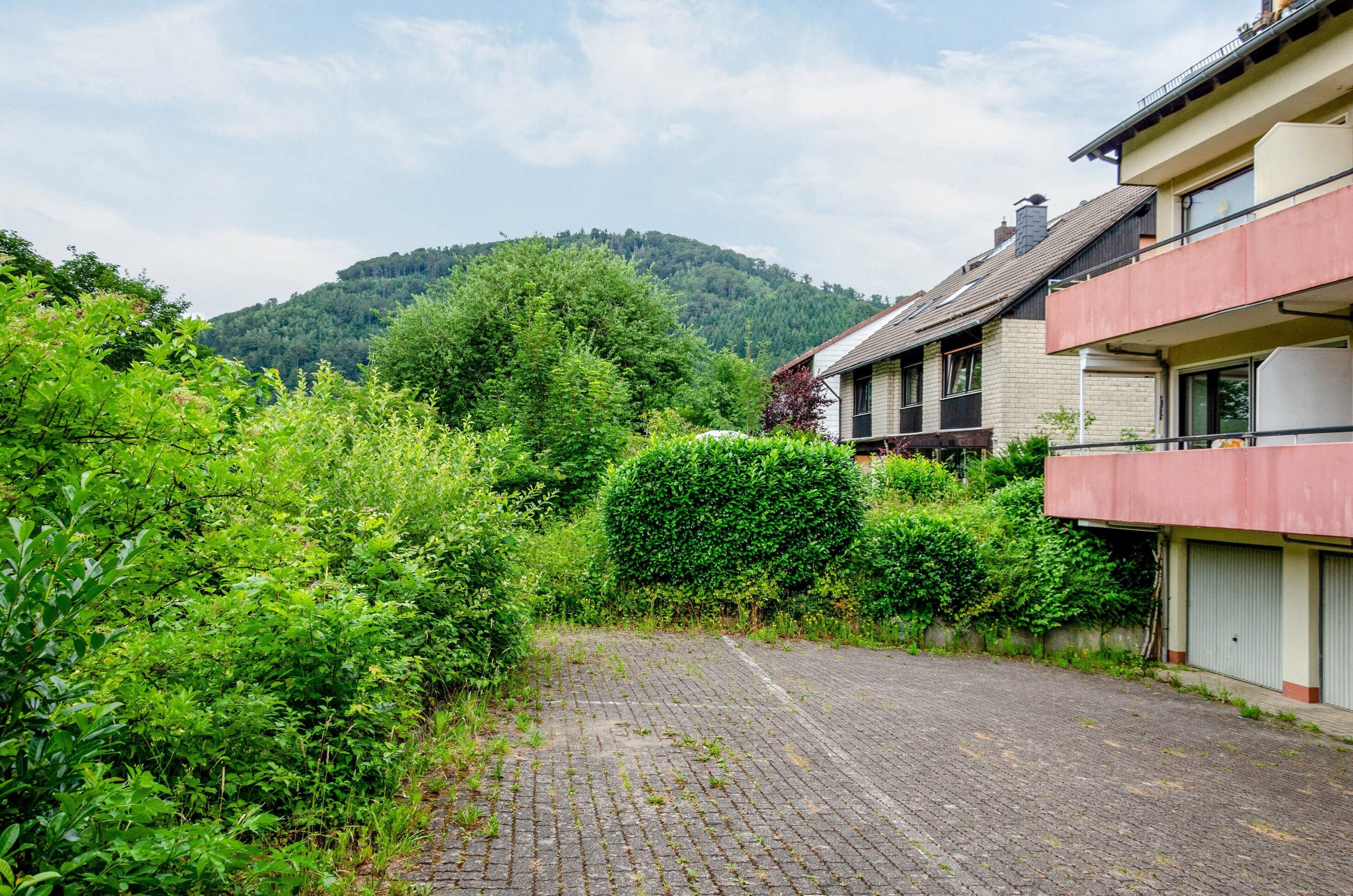 Un cortile pavimentato con un vialetto in pietra, circondato da vegetazione rigogliosa e una collina sullo sfondo.