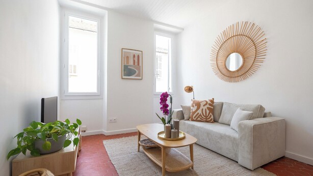 A living room with a sofa, coffee table, and a potted plant. - Beautiful, bright, and quiet one-bedroom apartment in the heart of the city, near the Old Port (La Ciotat)