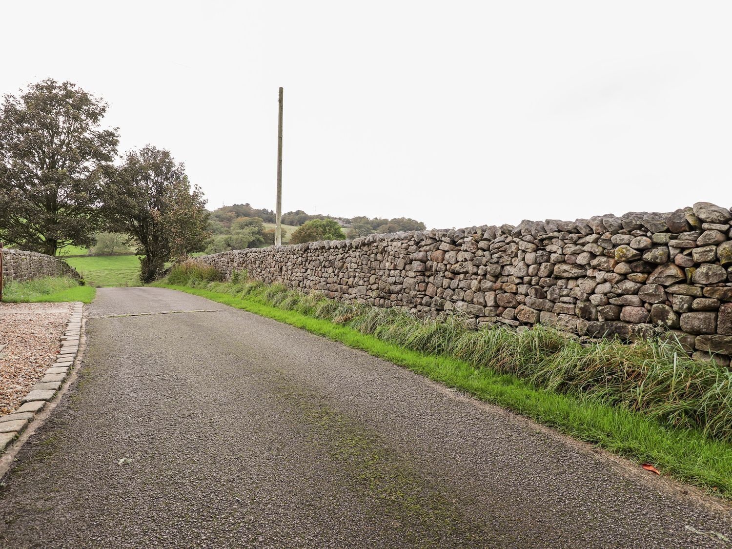 Camí rural amb una paret de pedra a un costat i una zona enjardinada a l'altre.