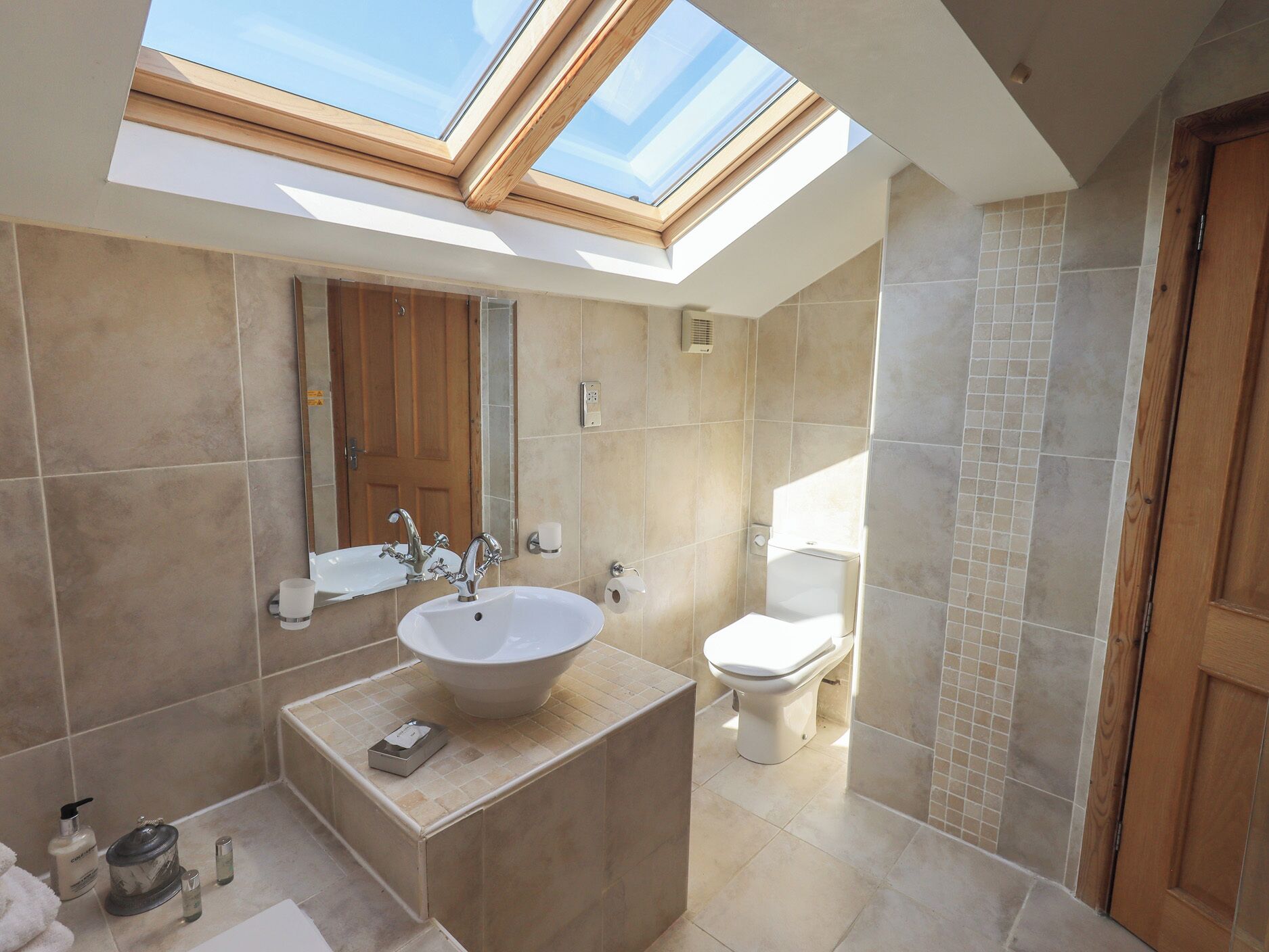 A modern bathroom with a skylight, a freestanding sink, a toilet, and a shower area.