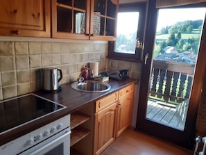 A kitchen with a stove, sink, and window overlooking a residential area.