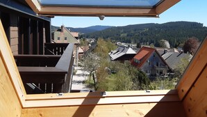 A view through a skylight of a residential area with houses, a mountain, and a forest. - Apartment 'Kopffrei on 1000 m² /Apartment 2 with Shared Garden, Balcony & Wi-Fi (Feldberg (Schwarzwald))