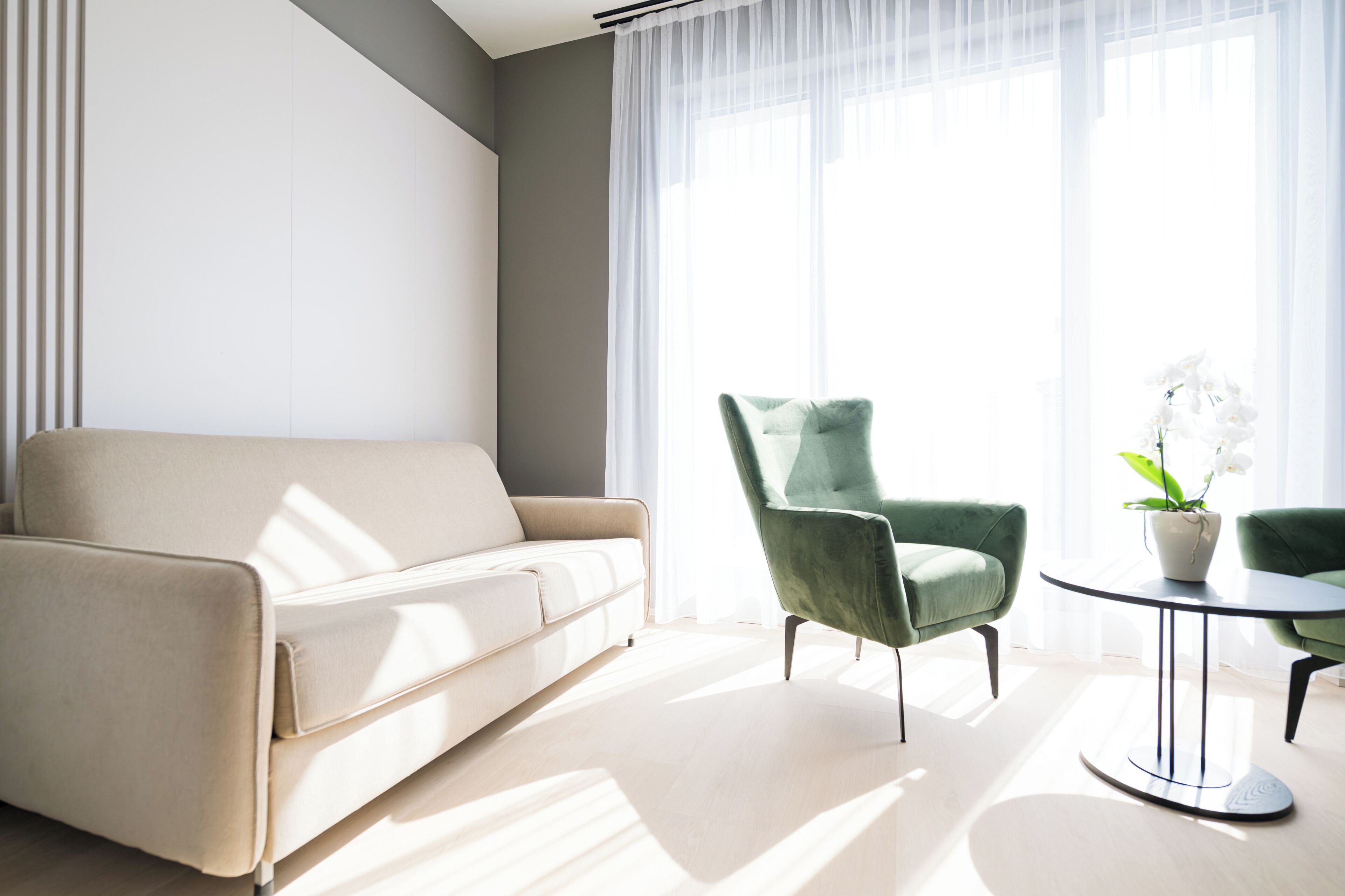 Una sala de estar moderna con un sofá, dos sillones, una mesa redonda y una planta en maceta.