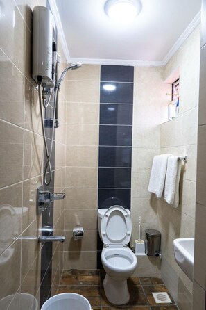 A bathroom with a toilet, a shower, and a sink. - Karen Brooks View Palace- Karen (Nairobi)