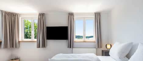 A bedroom with a bed, a TV mounted on the wall, a window with curtains, a bedside table with a lamp, and a view of greenery outside.