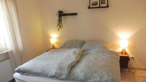 Uma cama com colchão branco e duas almofadas, duas luminárias de cabeceira, uma pequena planta numa prateleira e um quadro na parede.