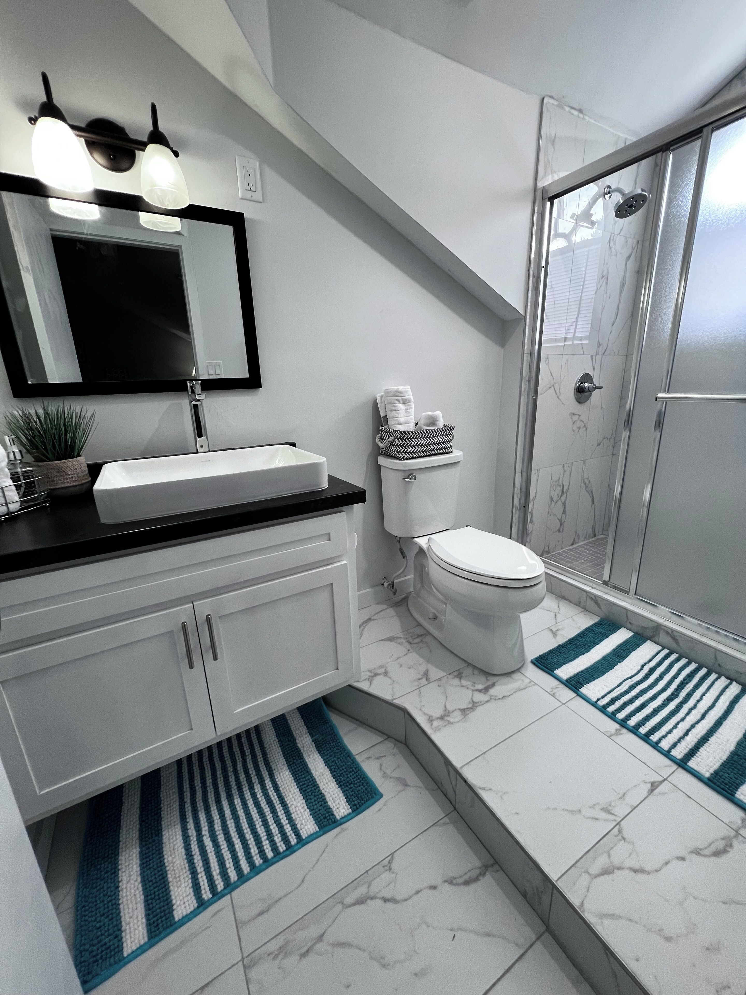 Shower, towels, soap, toilet paper