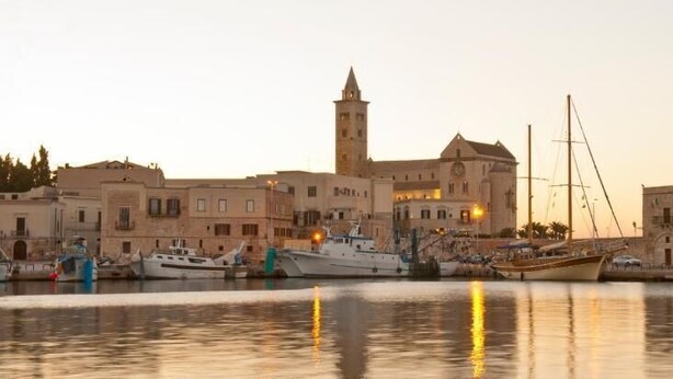 A coastal town with historic buildings, a prominent tower, and boats docked at the harbor.