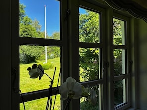 A room with a large window, a white orchid, and a painting on the windowsill.
