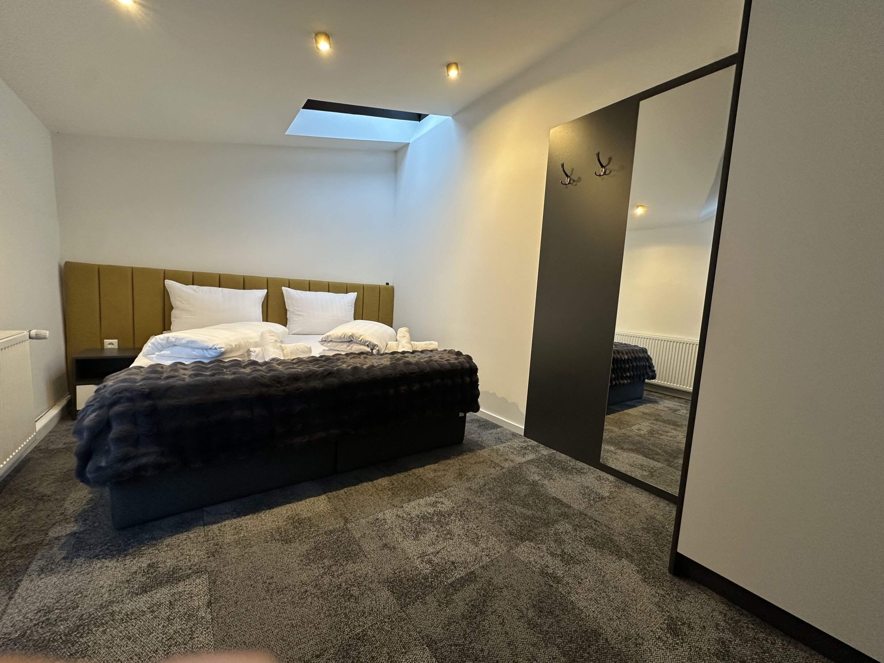 A bedroom with a bed, a nightstand, a mirror, and a skylight.