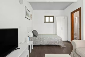 A bedroom with a bed, a TV, a wardrobe, and a window. - Country Studio Near Fataga (San Bartolomé de Tirajana)