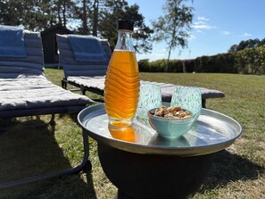 Une bouteille contenant un liquide orange, deux verres et un bol de noix, le tout posé sur un plateau en métal à l’extérieur.