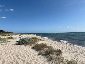 Une plage de sable avec une végétation clairsemée et un ciel bleu dégagé.