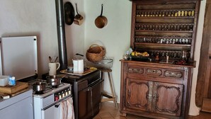 Una cocina con estufa, pileta y un armario de madera.