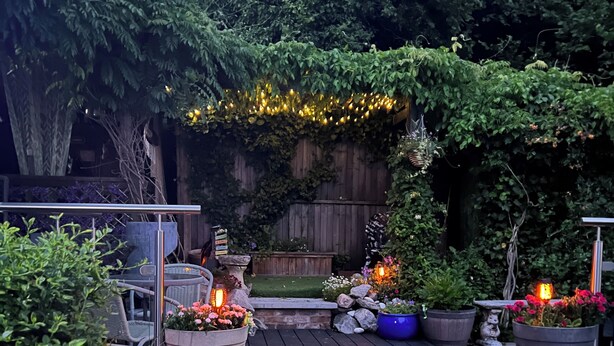 A wooden deck with potted plants and outdoor lighting. - Quiet retreat near the interchange with woodland views. (Patchway)