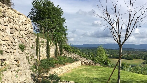 Un mur de pierres, un arbre et une zone herbeuse offrant une vue sur des collines lointaines.