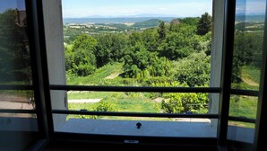 Une vue à travers une fenêtre, avec un ciel dégagé, un vignoble et des collines lointaines.