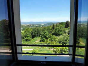 A view through a window with a clear sky, a vineyard, and distant hills. - Village house near Forcalquier (pierrerue)