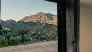 A view through a window of a hilly landscape with a dirt road and sparse vegetation. - Quinta das Amendoeiras (Carrazeda de Ansiaes)