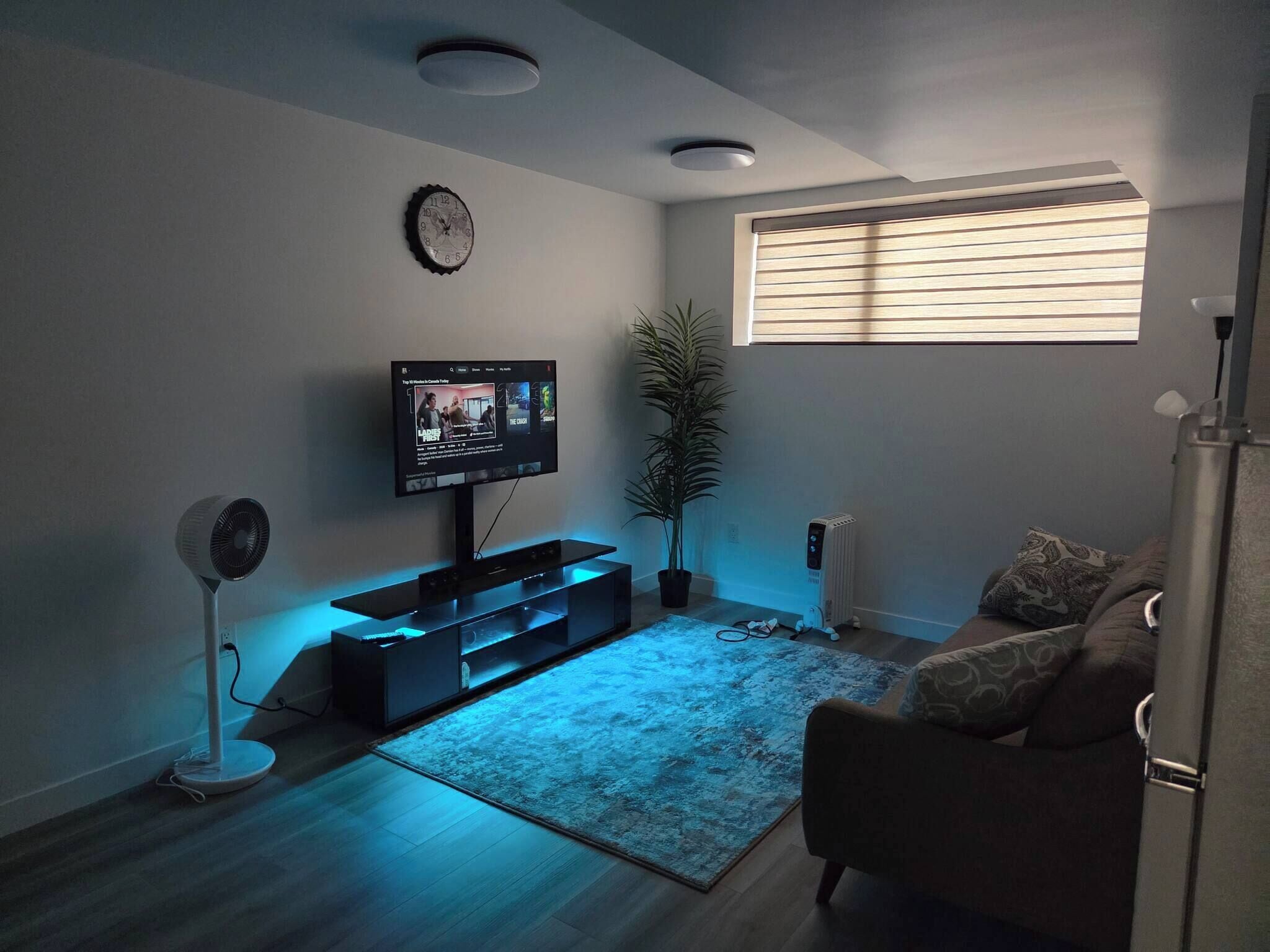 Una sala de estar con televisor de pantalla plana, ventilador de pie, planta en maceta, radiador y ventana con persianas.