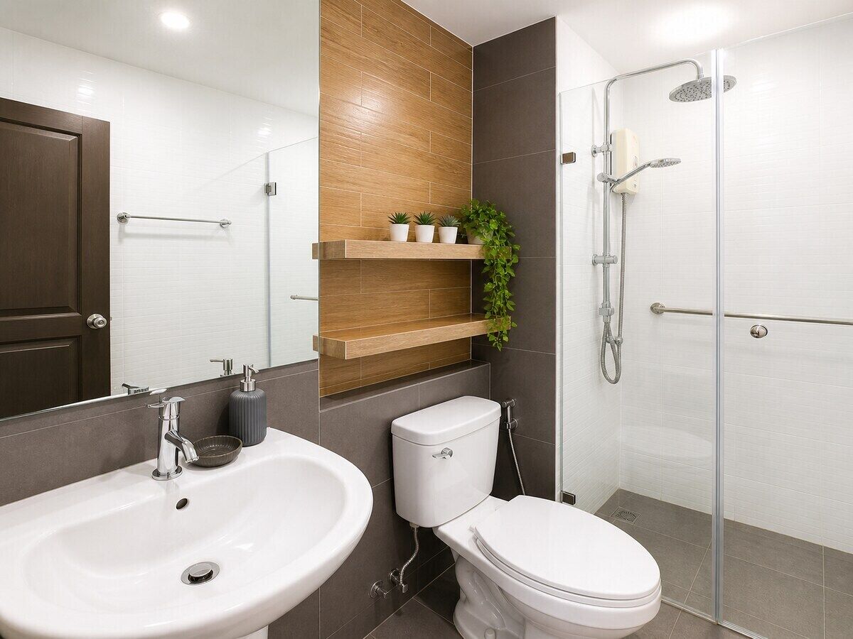 Un baño moderno con lavamanos, inodoro y ducha.