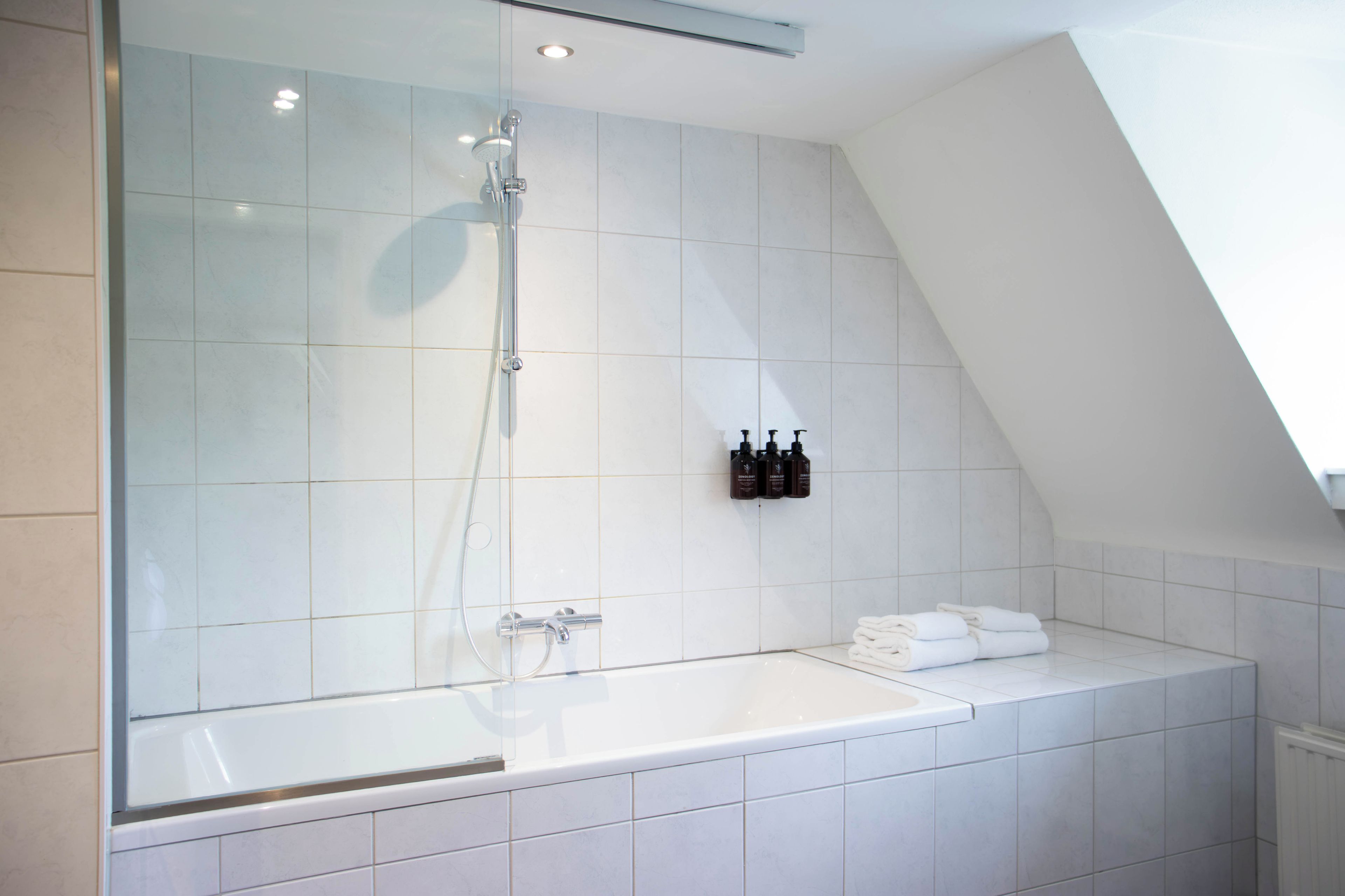 Ein modernes Badezimmer mit einer gläsernen Duschkabine, einer Badewanne und einem Handtuchhalter mit Flaschen.