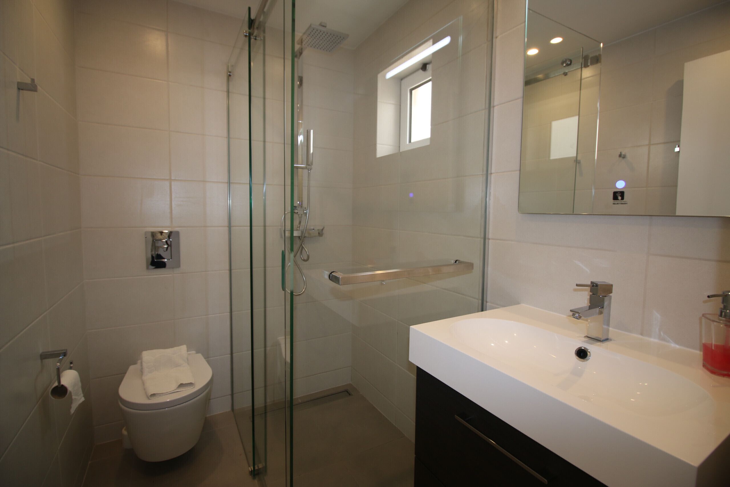 Un baño moderno con ducha envuelta en vidrio, un lavamanos blanco y un espejo sobre él.