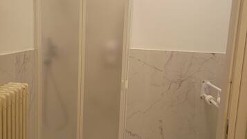 Ein Badezimmer mit Duschkabine, Toilette und Handtuchwärmer.