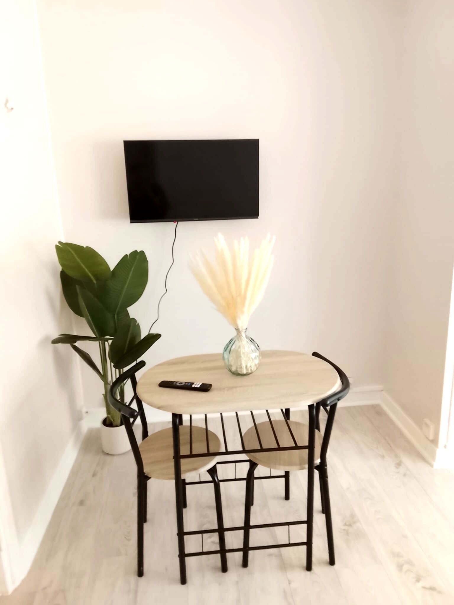 Ein kleiner runder Tisch mit Fernbedienung, einer Topfpflanze und einer Vase mit Trockenblumen.