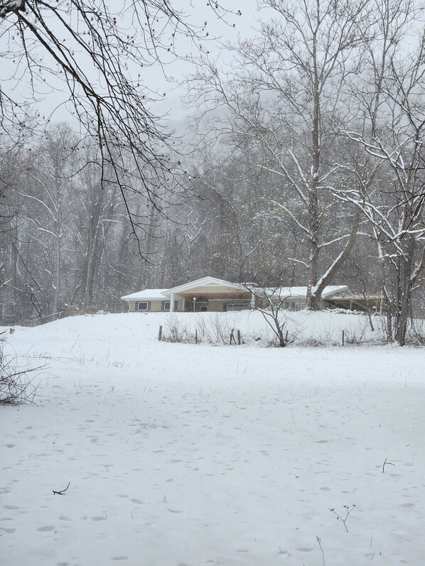 Paisagem coberta de neve com uma casa e árvores.