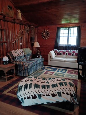 A cozy cabin interior with a plaid sofa, a white couch, a wooden wall with a decorative owl, and a quilted rug.