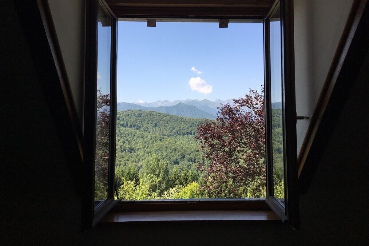 Una ventana con vista a una cadena montañosa boscosa.