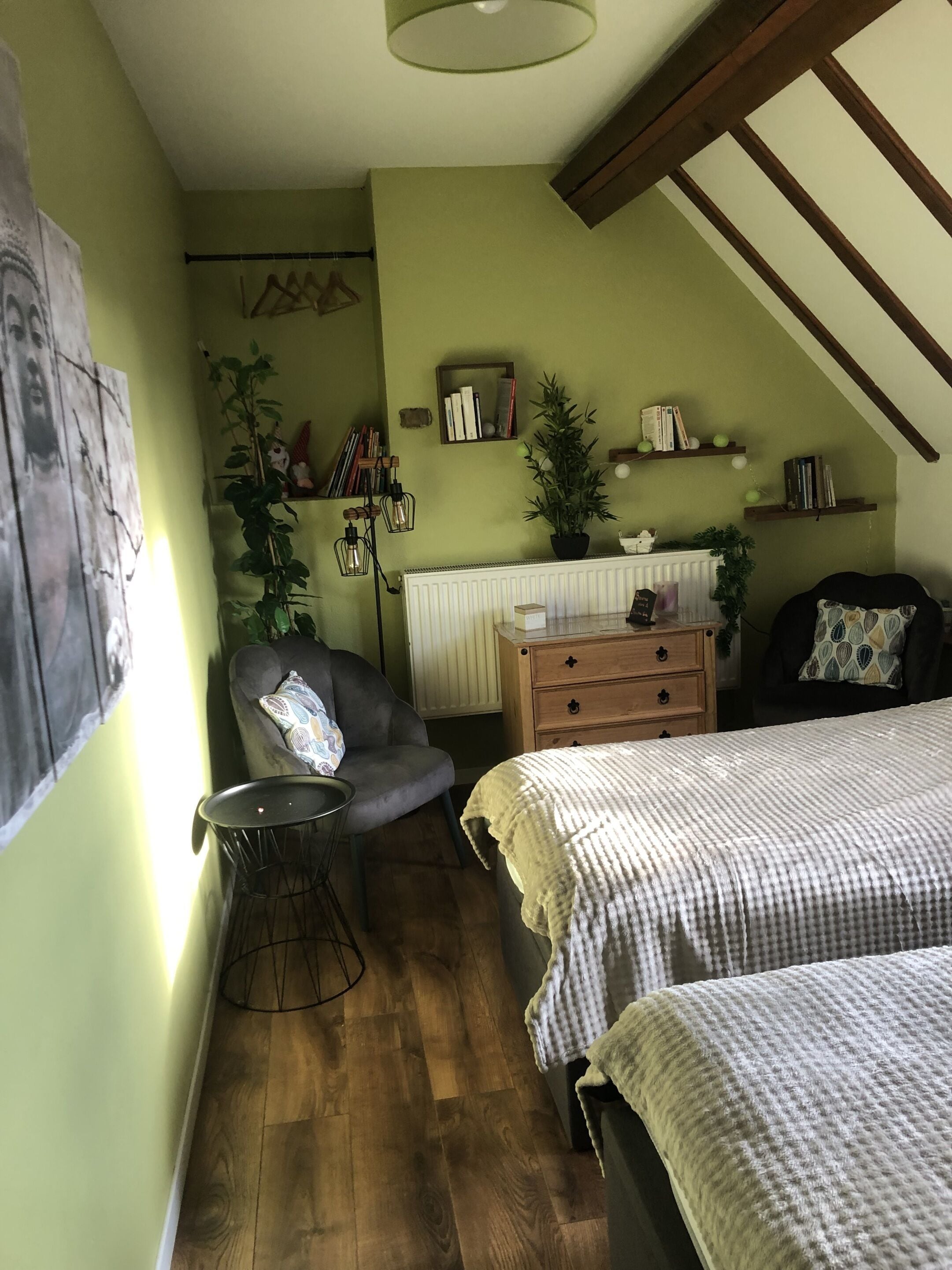 Une pièce chaleureuse avec un plancher en bois, un lit, une chaise, un radiateur, des étagères remplies de livres et de plantes, et un mur orné d’un tableau.