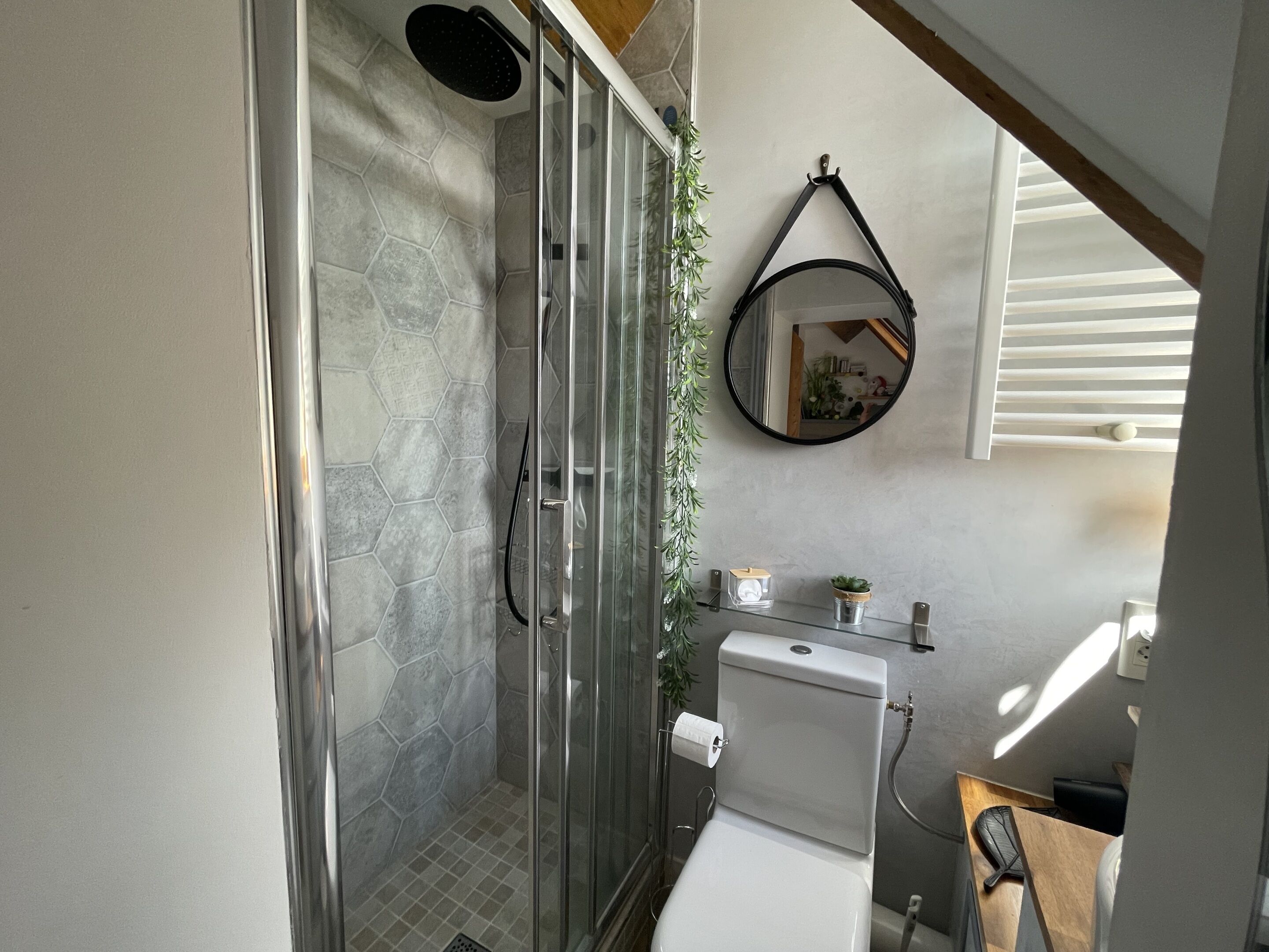 A modern bathroom with a glass-enclosed shower, a toilet, and a mirror on the wall.