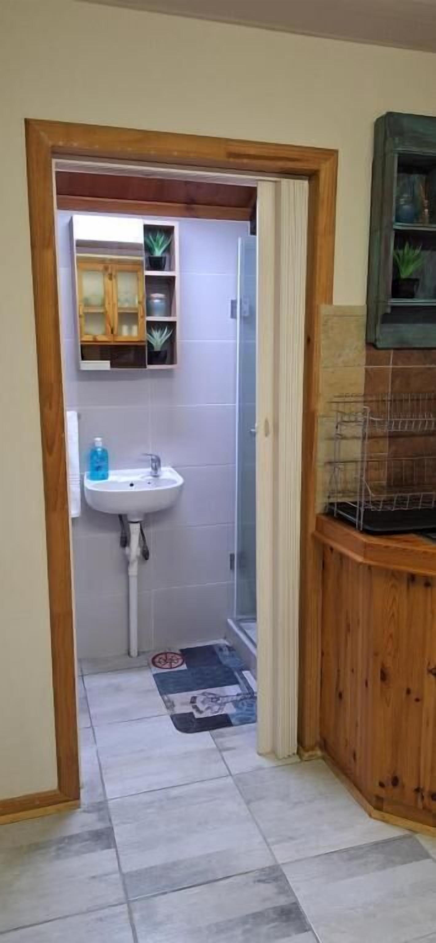 A bathroom with a sink, mirror, and shelves.