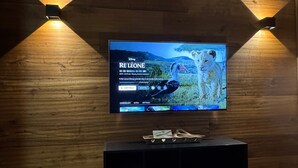 Un téléviseur à écran plat fixé à un mur en bois, avec un plancher également en bois.