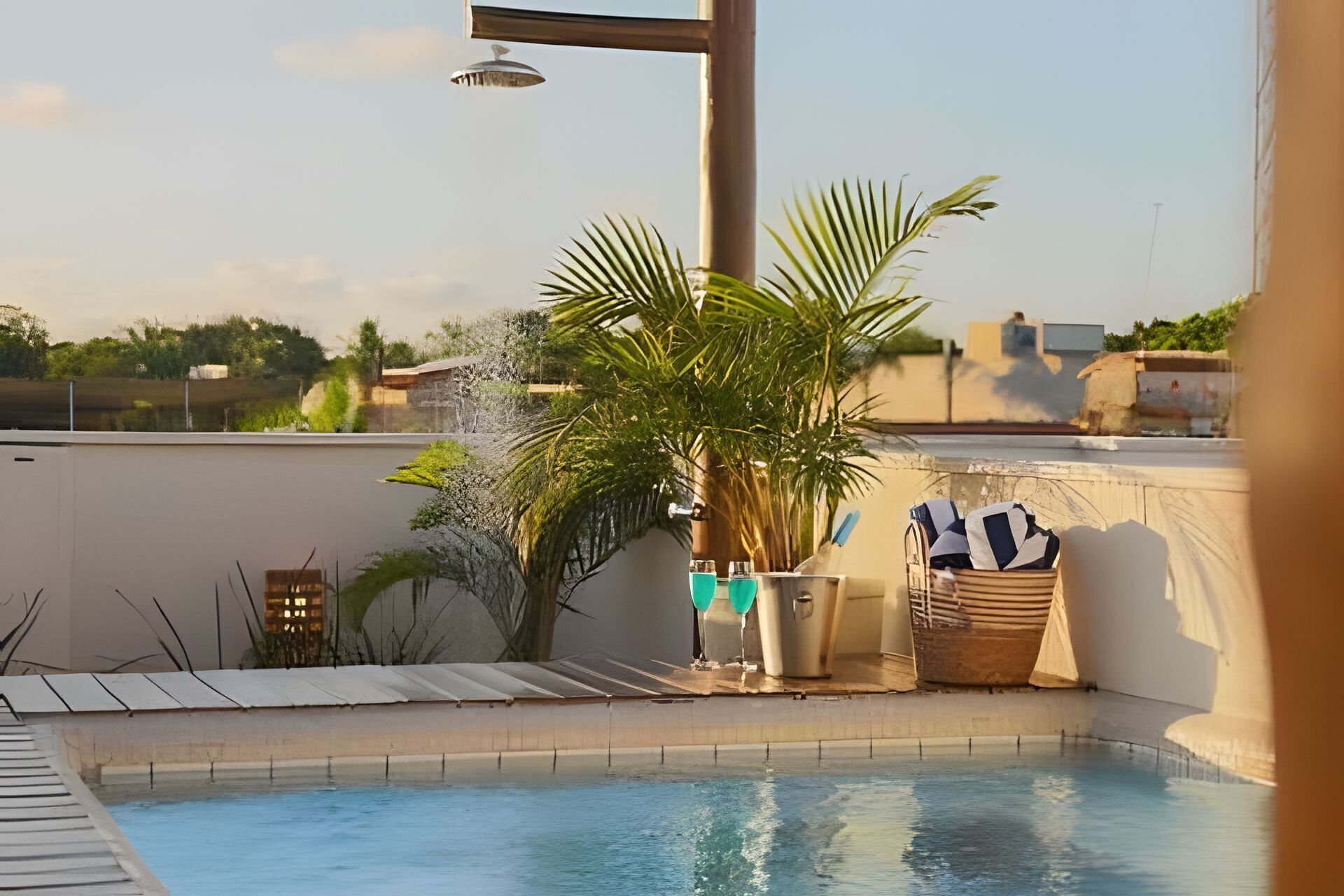 Ein Pool auf dem Dach mit einer Palme, einem Metallbehälter und einem Handtuchhalter.