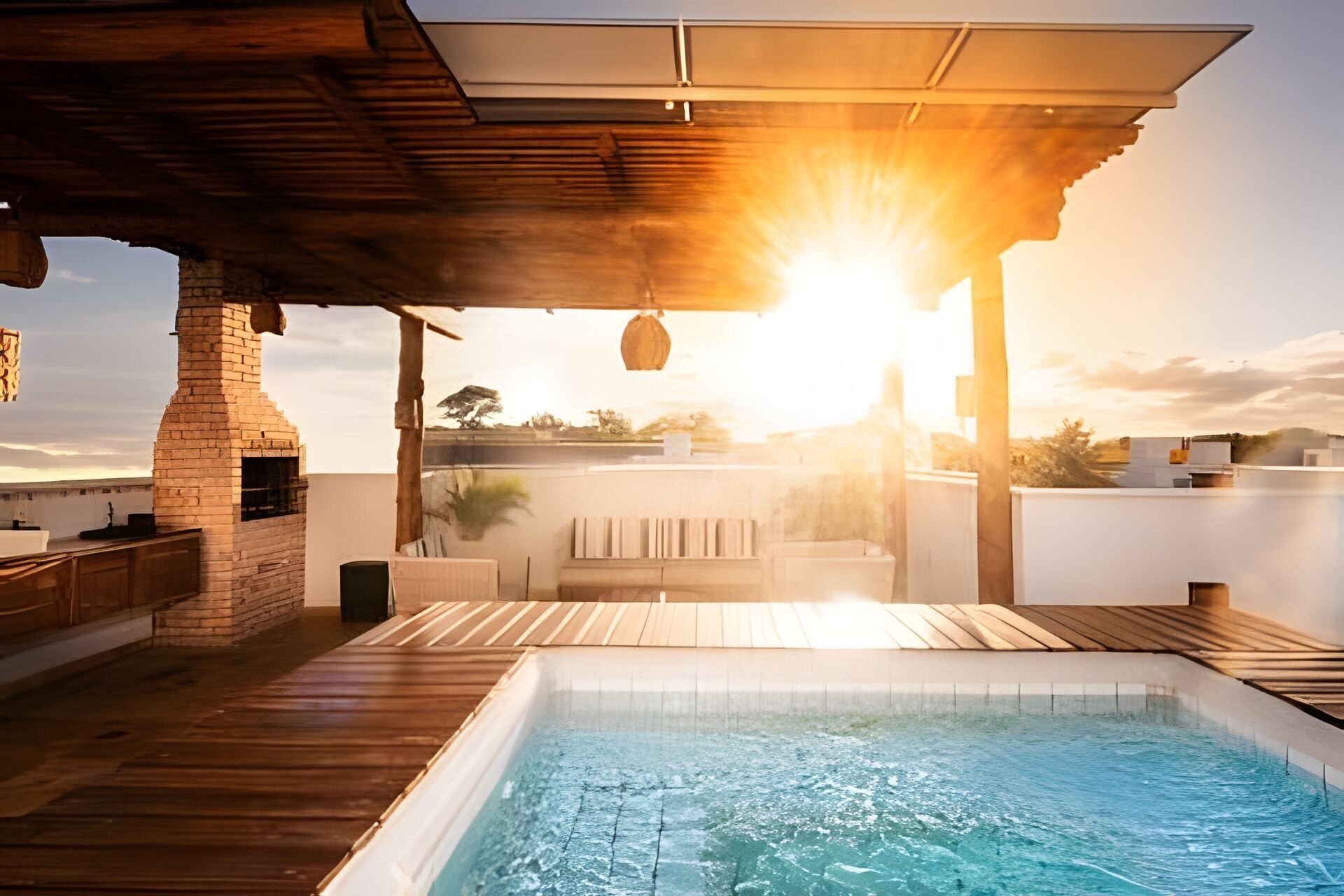 Una piscina en la azotea con terraza de madera, chimenea de ladrillo y vista al atardecer.
