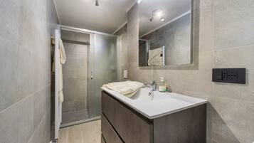 Shower, hair dryer, towels