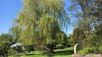 Een tuin met een grote treurwilg, een prieel en een stenen plantenbak.