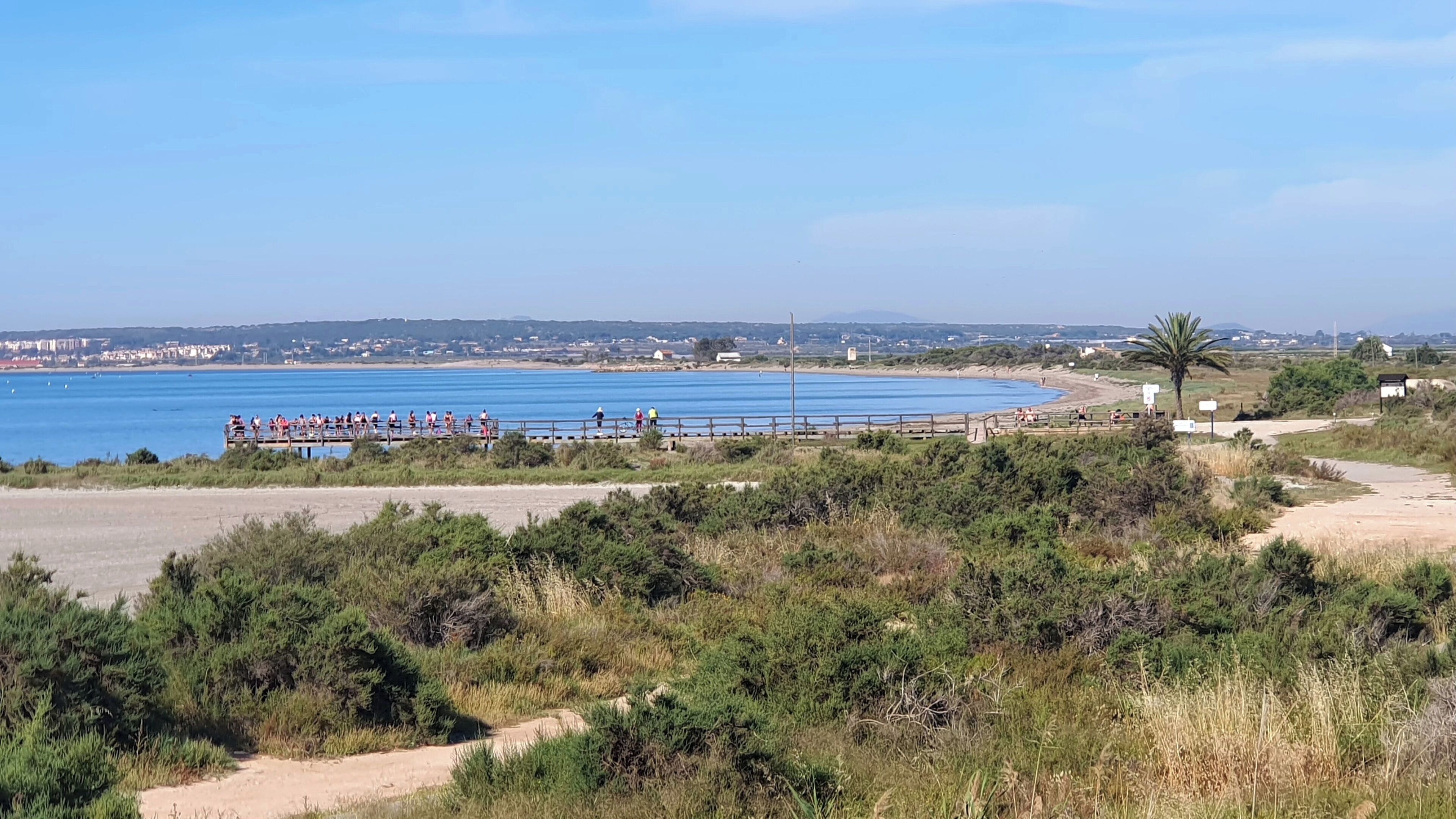 A coastal area with a beach, a wooden pier, and a path leading to a small building.