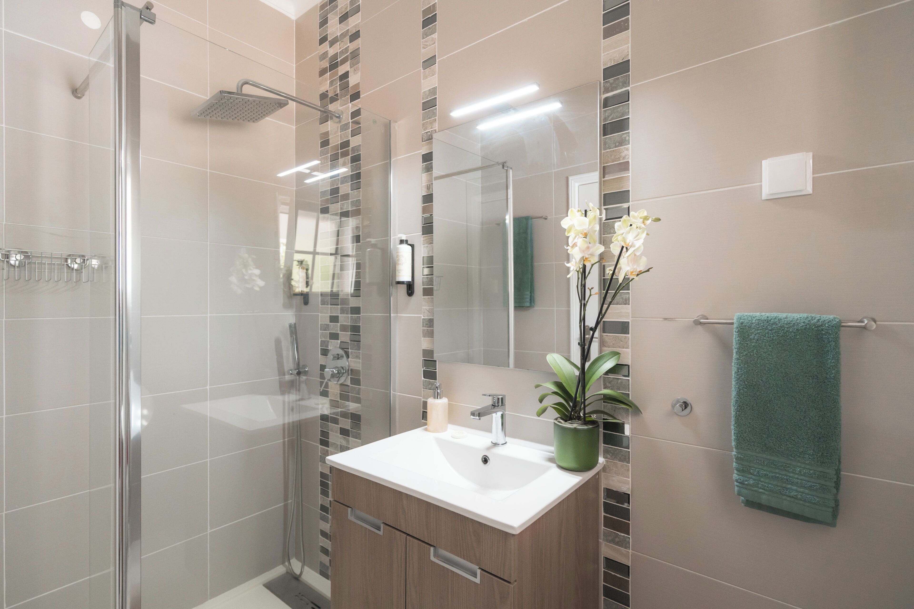 Un baño moderno con cabina de ducha de vidrio, un lavamanos blanco y una planta verde, además de una toalla color turquesa.