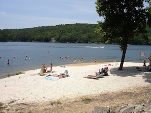Una playa con gente nadando, un árbol y una zona arenosa con sillas y una mesa.