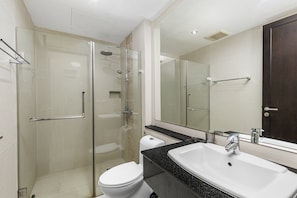 Hair dryer, towels, soap, toilet paper