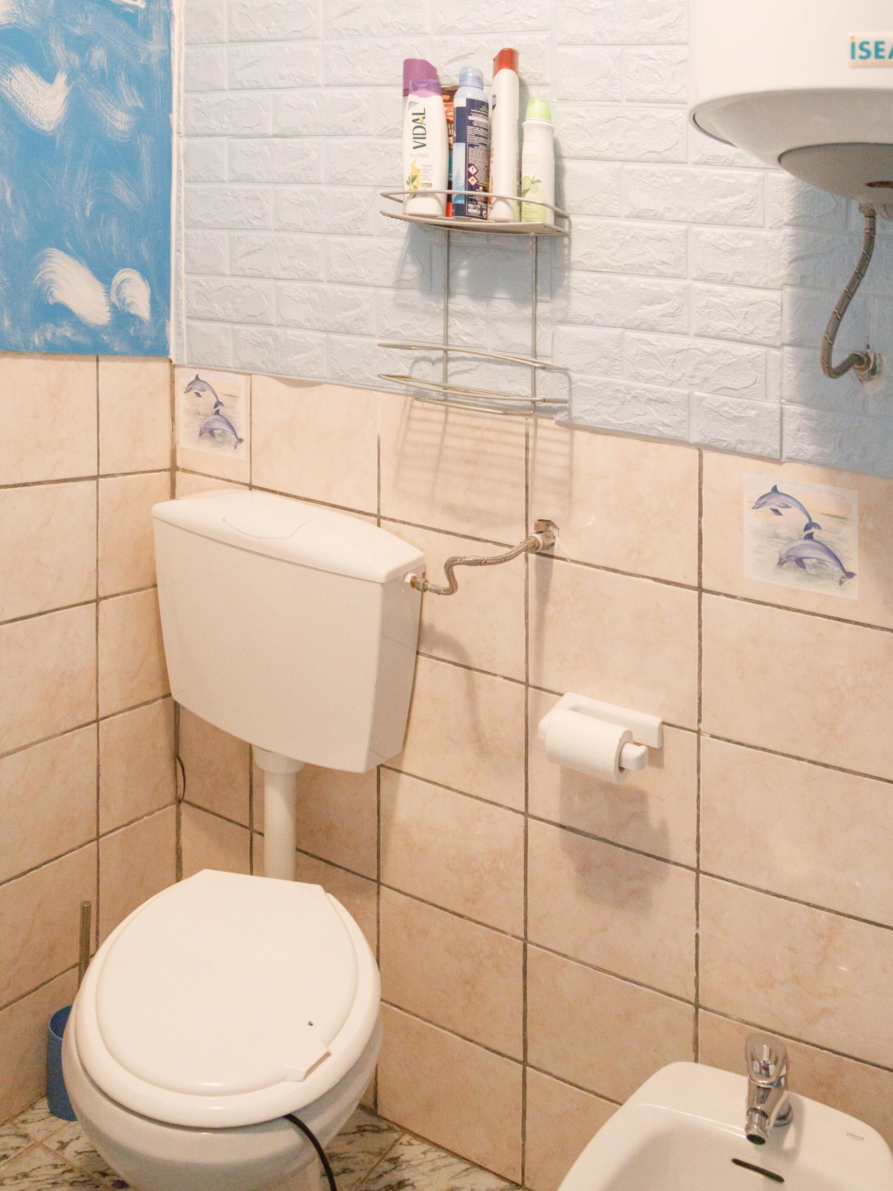 A bathroom with a toilet, a bidet, a shelf with toiletries, and a wall-mounted sink.