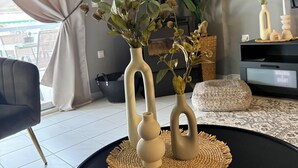 A living room with a black sofa, a coffee table with vases, a remote control, and a TV stand with a TV displaying 'WRONG RIGHT'. - RHODESIA guest house
Sea view apartment
Pet friendly
2’  beach (Chalkida)